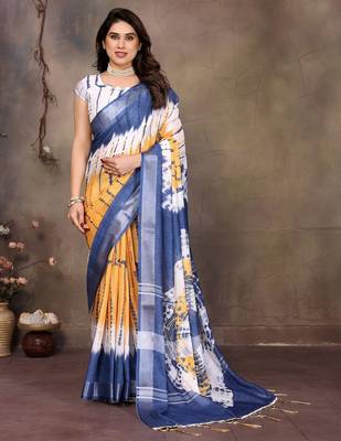 Blue cotton lilen digital printed saree with blouse 1
