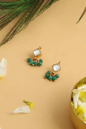 Gold plated kundan green stones earrings