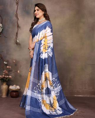 Blue cotton lilen digital printed saree with blouse 2