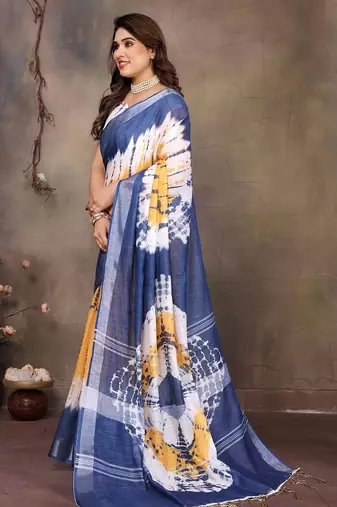 Blue cotton lilen digital printed saree with blouse