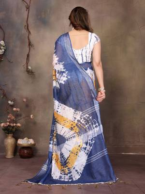Blue cotton lilen digital printed saree with blouse 3