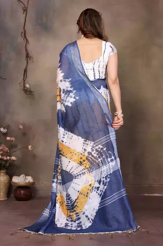 Blue cotton lilen digital printed saree with blouse