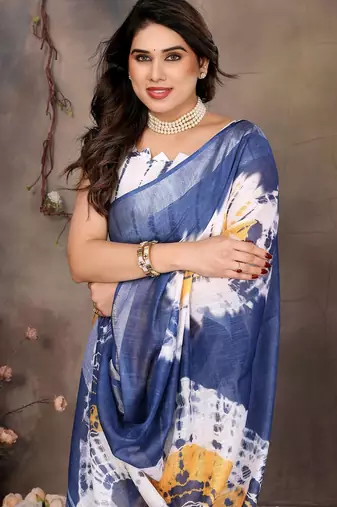 Blue cotton lilen digital printed saree with blouse