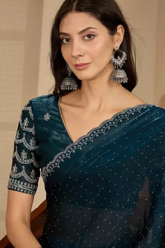 women's teal silk blend chiffon embellished saree with unstitched blouse piece