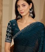 women's teal silk blend chiffon embellished saree with unstitched blouse piece