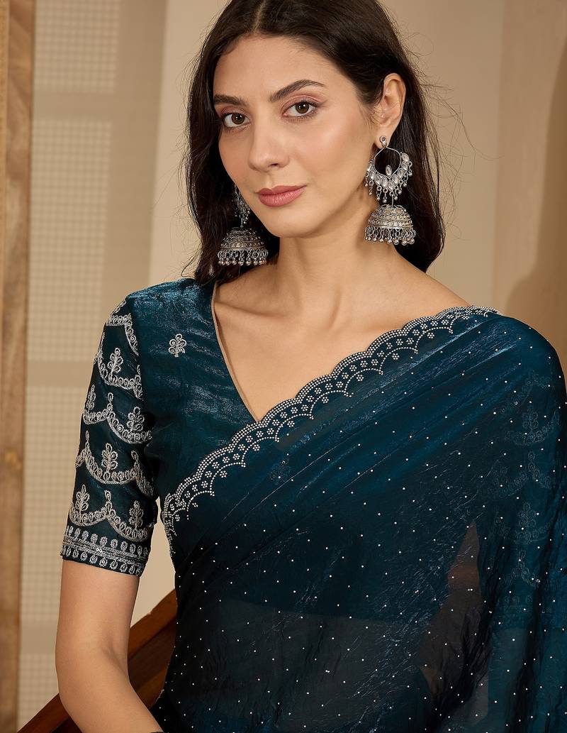 women's teal silk blend chiffon embellished saree with unstitched blouse piece