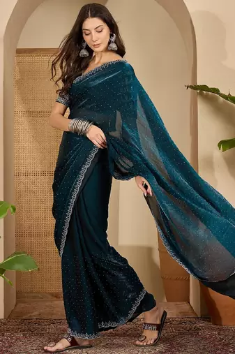 women's teal silk blend chiffon embellished saree with unstitched blouse piece