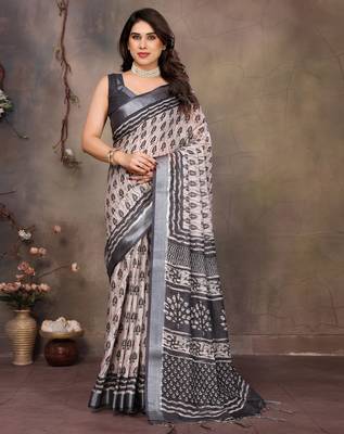 Cream cotton lilen digital printed saree with blouse 1