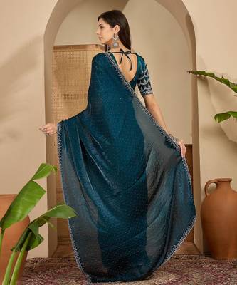 women's teal silk blend chiffon embellished saree with unstitched blouse piece 3