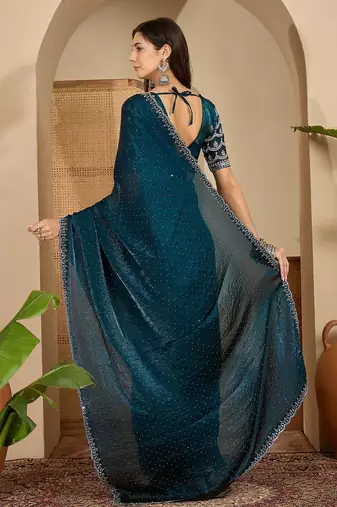 women's teal silk blend chiffon embellished saree with unstitched blouse piece