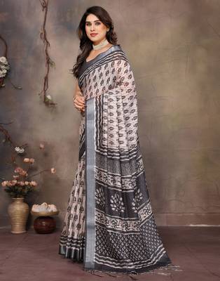 Cream cotton lilen digital printed saree with blouse 2