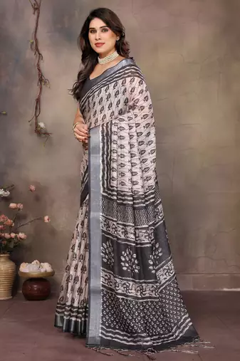 Cream cotton lilen digital printed saree with blouse