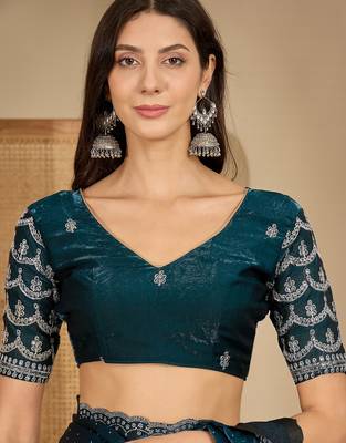 women's teal silk blend chiffon embellished saree with unstitched blouse piece 4