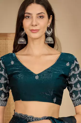 women's teal silk blend chiffon embellished saree with unstitched blouse piece