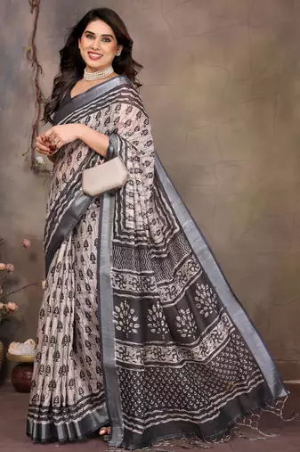 Cream cotton lilen digital printed saree with blouse