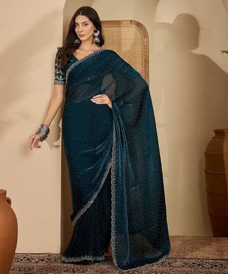 women's teal silk blend chiffon embellished saree with unstitched blouse piece 5