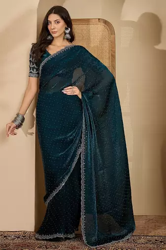 women's teal silk blend chiffon embellished saree with unstitched blouse piece