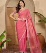 women's gajari silk blend chiffon embellished saree with unstitched blouse piece