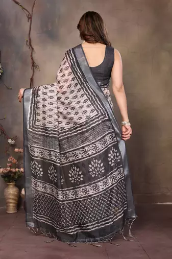 Cream cotton lilen digital printed saree with blouse