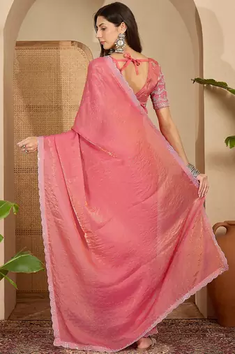 women's gajari silk blend chiffon embellished saree with unstitched blouse piece