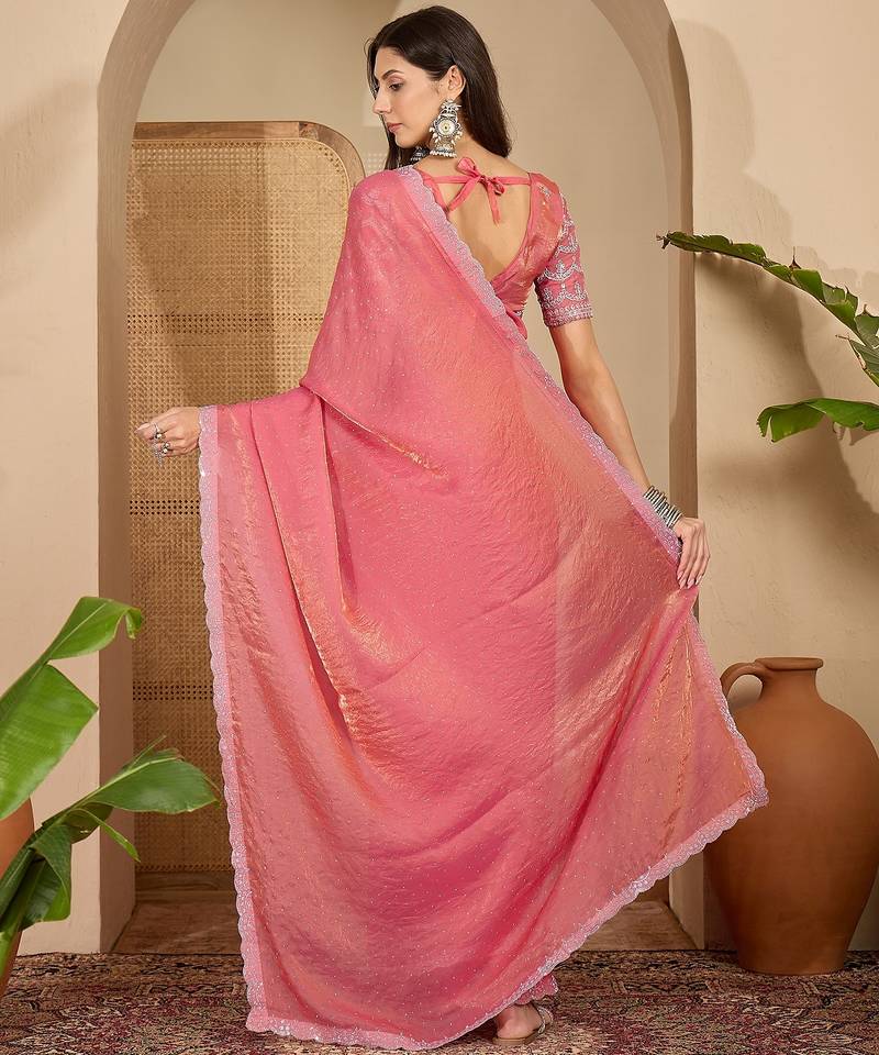 women's gajari silk blend chiffon embellished saree with unstitched blouse piece