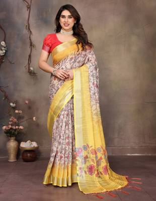 Yellow cotton lilen digital printed saree with blouse 1