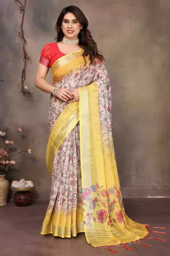 Yellow cotton lilen digital printewith blouse