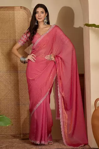 women's gajari silk blend chiffon embellished saree with unstitched blouse piece
