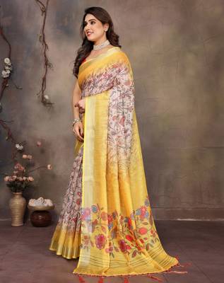Yellow cotton lilen digital printed saree with blouse 2