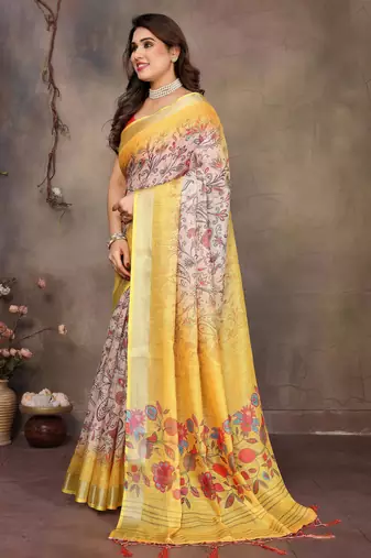 Yellow cotton lilen digital printed saree with blouse