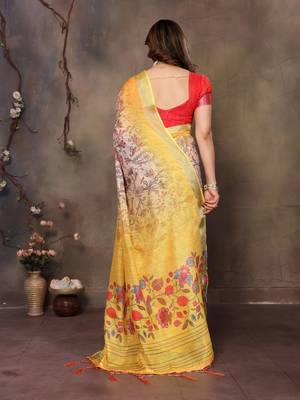 Yellow cotton lilen digital printed saree with blouse 3