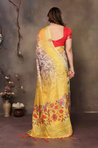 Yellow cotton lilen digital printed saree with blouse