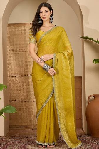 women's yellow silk blend chiffon embellished saree with unstitched blouse piece