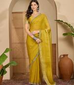 women's yellow silk blend chiffon embellished saree with unstitched blouse piece