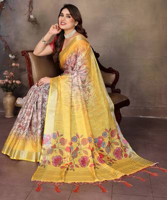 Yellow cotton lilen digital printed saree with blouse 4