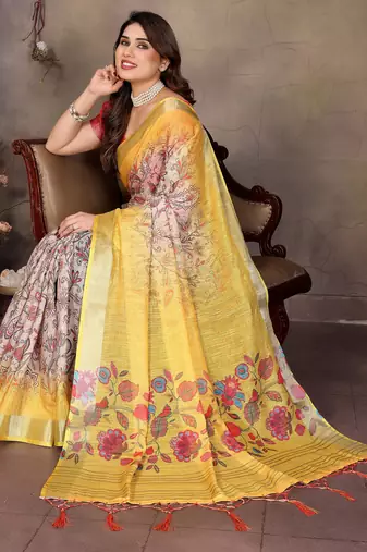 Yellow cotton lilen digital printed saree with blouse