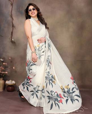 White cotton lilen digital printed saree with blouse 1