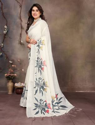 White cotton lilen digital printed saree with blouse 3