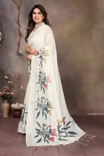 White cotton lilen digital printed saree with blouse