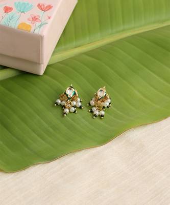 Gold plated kundan green stones earrings 3