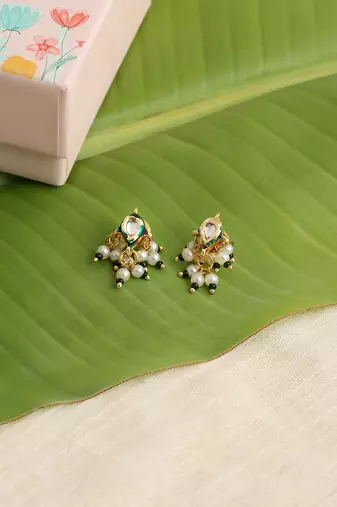Gold plated kundan green stones earrings