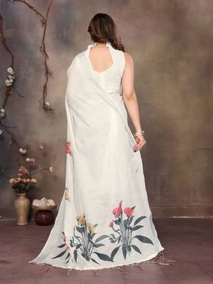 White cotton lilen digital printed saree with blouse 4