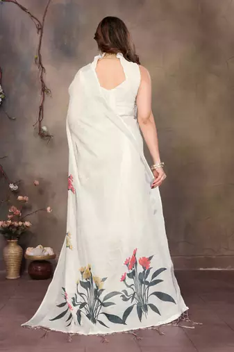 White cotton lilen digital printed saree with blouse