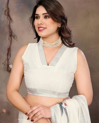 White cotton lilen digital printed saree with blouse 5