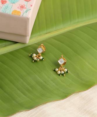 Gold plated kundan green stones earrings 3