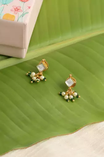 Gold plated kundan green stones earrings