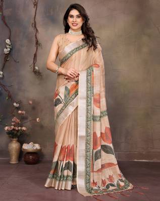 Cream cotton lilen digital printed saree with blouse 1