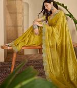 women's yellow silk blend chiffon embellished saree with unstitched blouse piece
