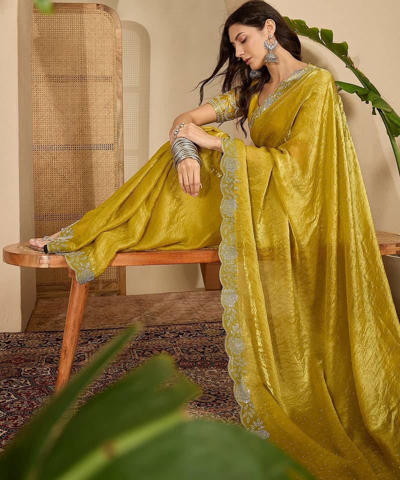 women's yellow silk blend chiffon embellished saree with unstitched blouse piece