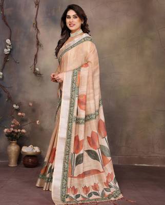 Cream cotton lilen digital printed saree with blouse 2